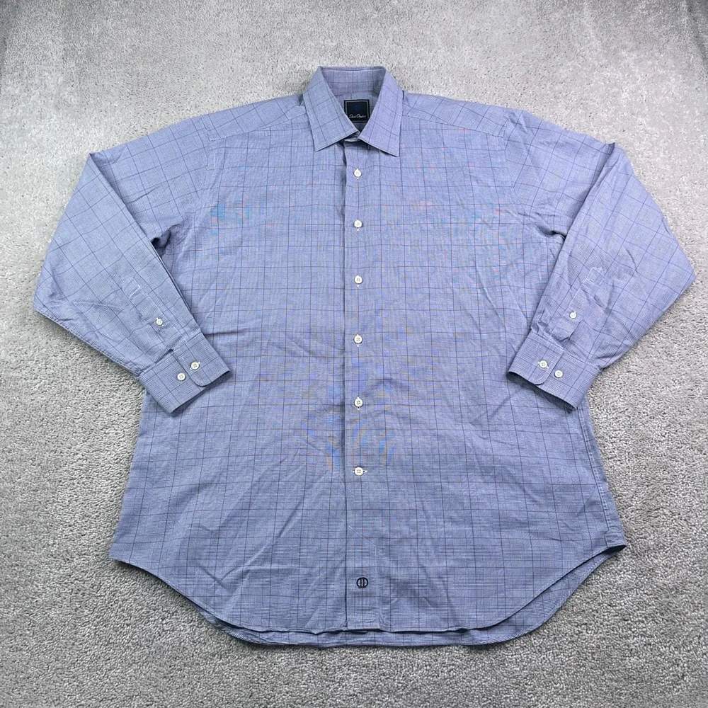 David Donahue Shirt Mens 16.5 34‎ Blue Glen Plaid Cotton Button Up Business